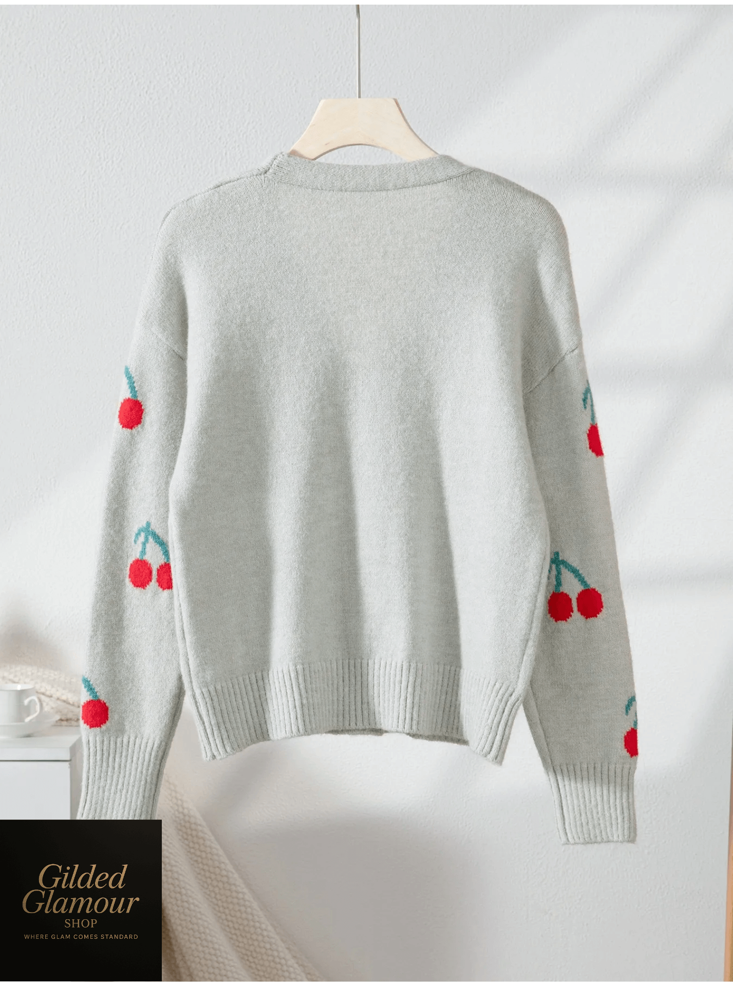 Cárdigan de punto con botones de cereza para mujer, ligero y acogedor