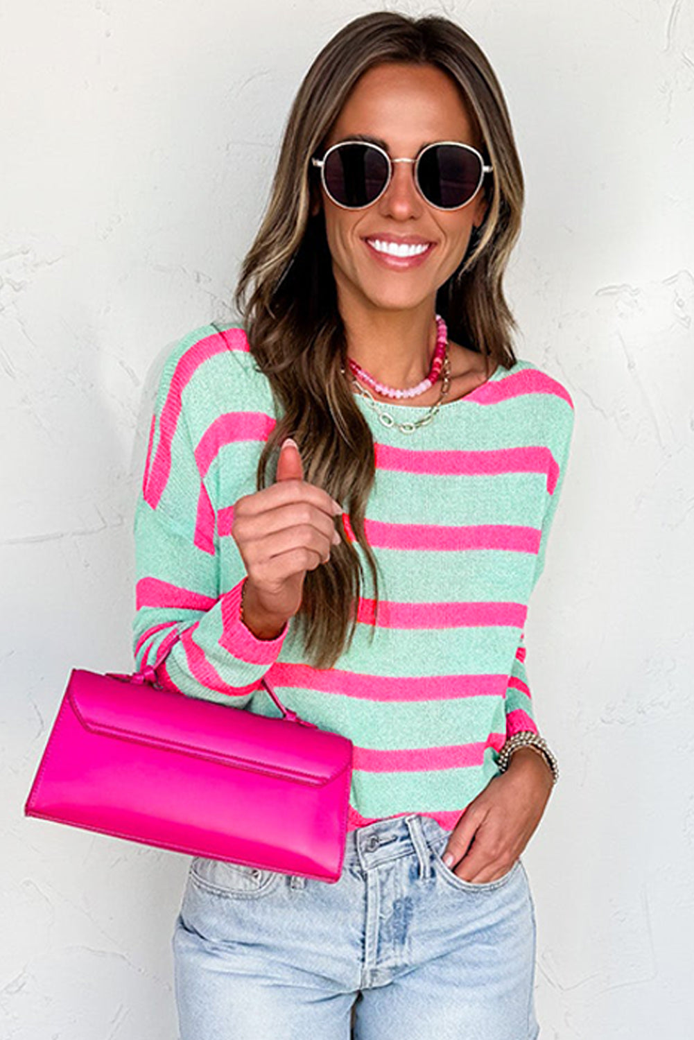 Green Striped Colorblock Knit Sweater With Round Neck