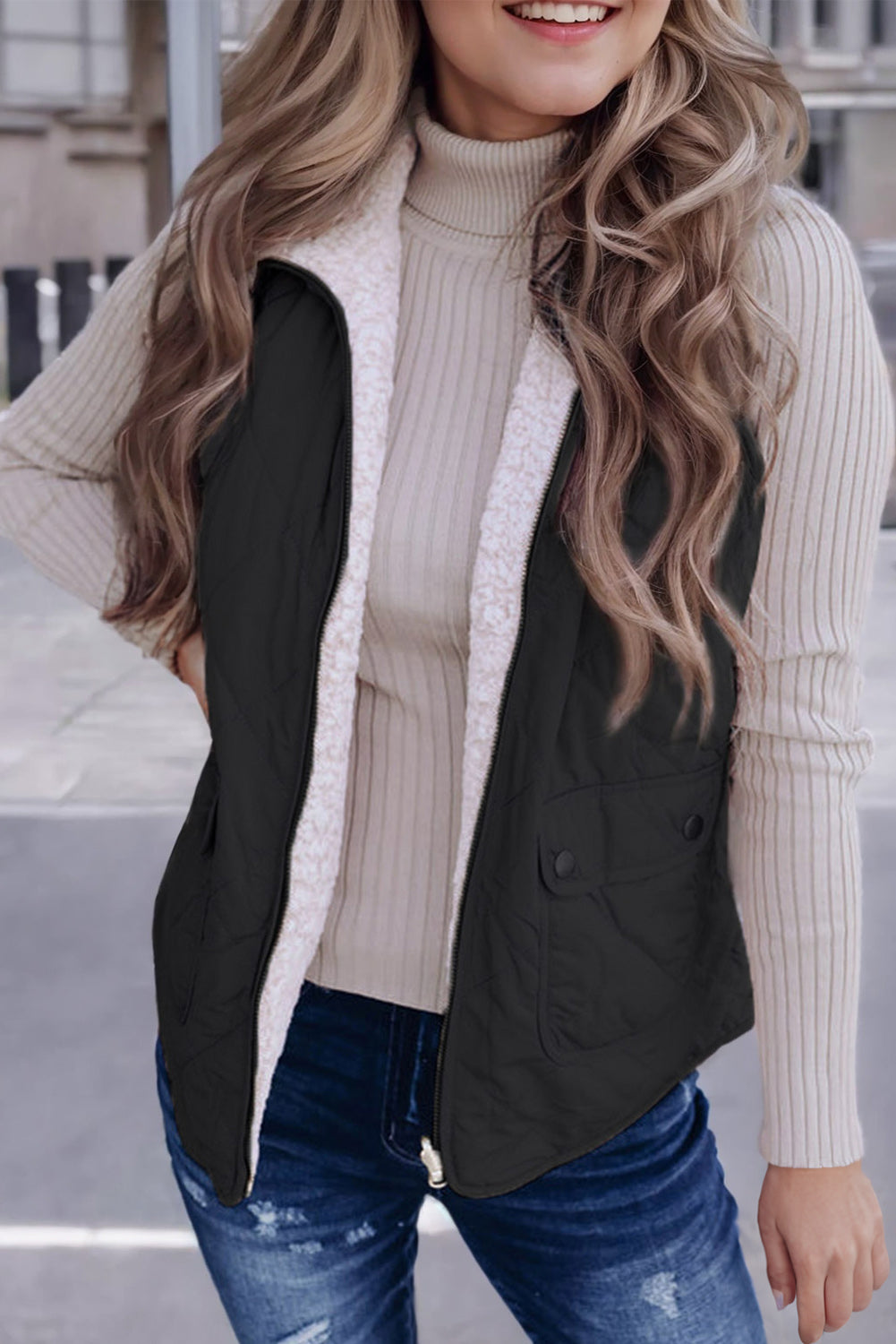 Pink Zip Up Fleece Lined Quilted Vest Coat Warm For Women