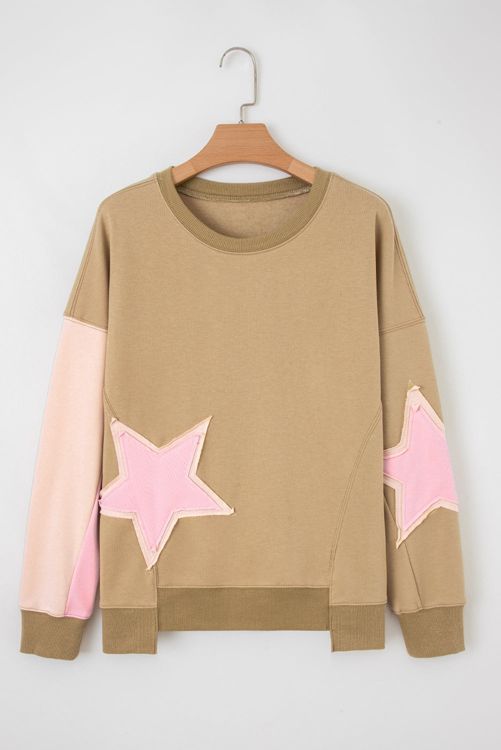 Rose Pink Star Patchwork Sweatshirt With Uneven Hem Design