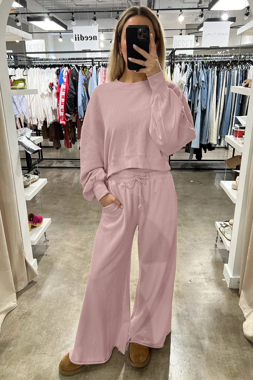 Light Pink Drop Shoulder Crop Top Set With Drawstring Pants