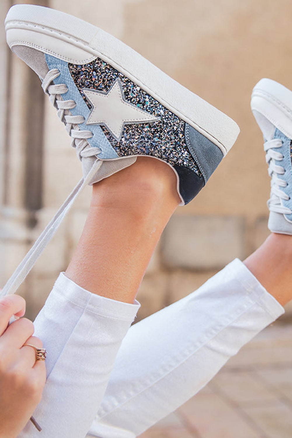 Shiny Silver Sequin Star Patch Lace Up Shoes For Night Out