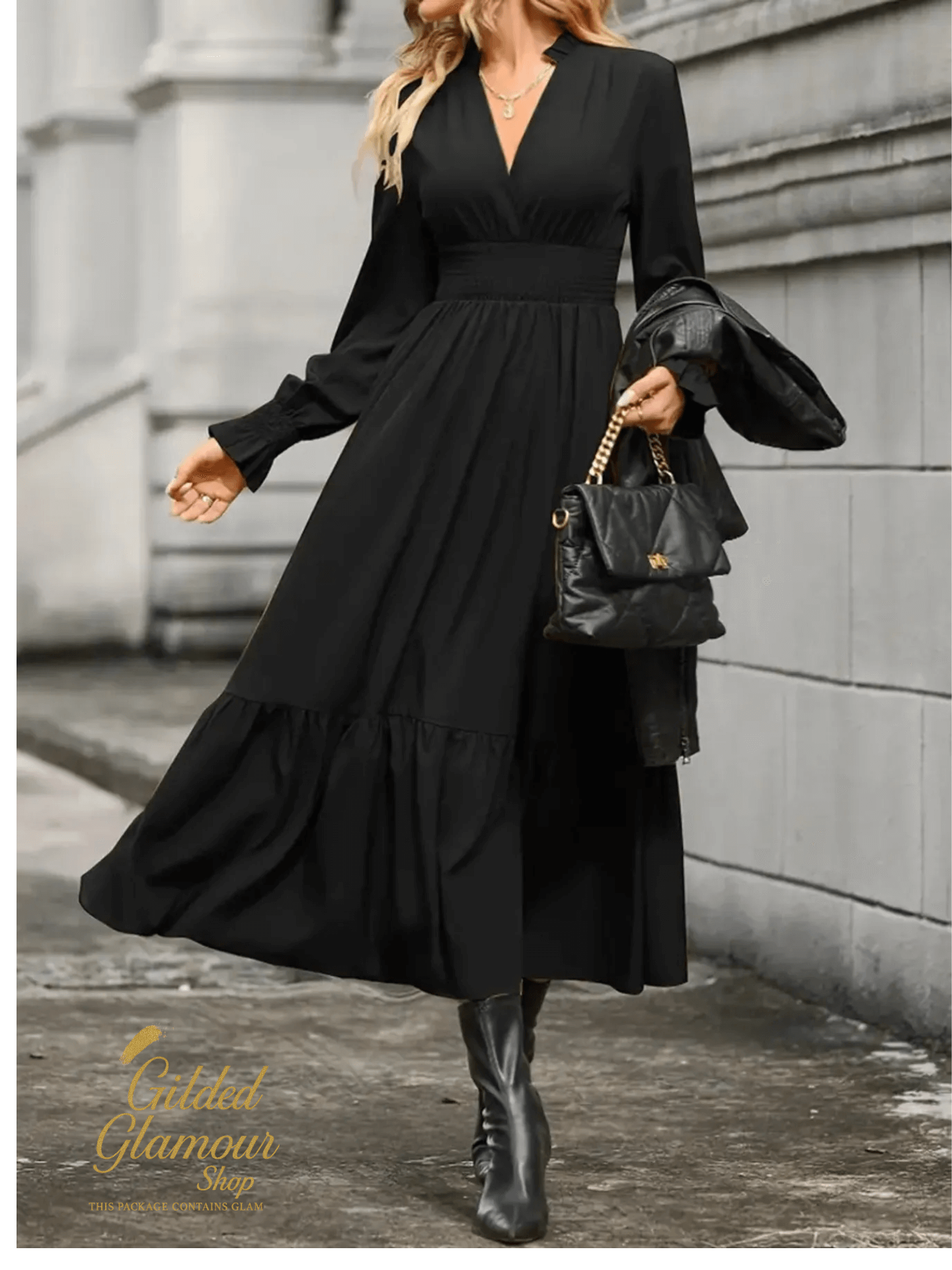 Notched Long Sleeve Tiered Dress