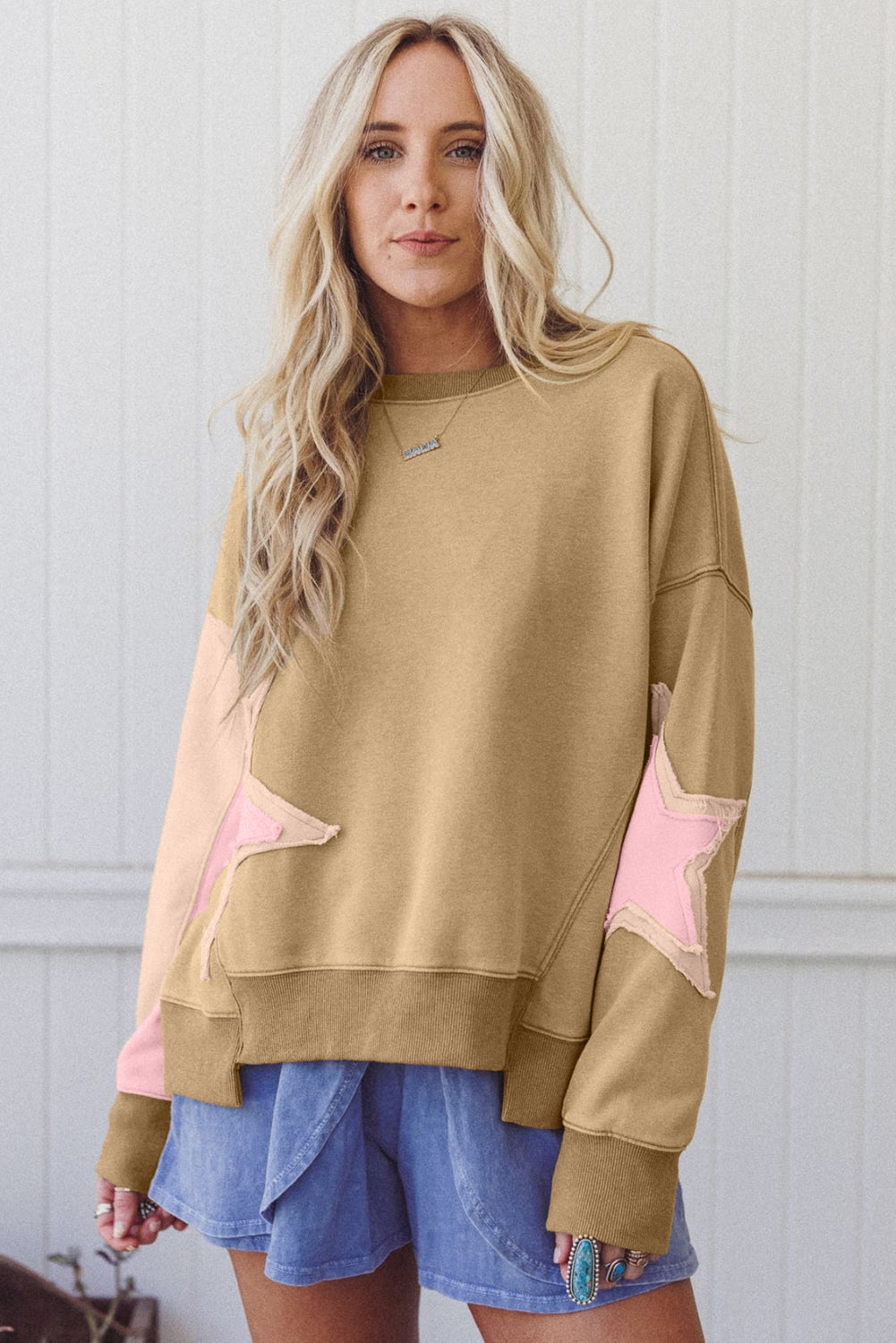 Rose Pink Star Patchwork Sweatshirt With Uneven Hem Design