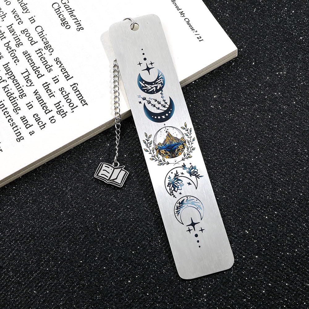Stainless Steel Acotar Bookmark with Tassel, Acotar Inspirational Creative Moon Mountains Text Book Marks for Reading Women Men Collection, Books Accessories (Silver 1 Side Style 1)