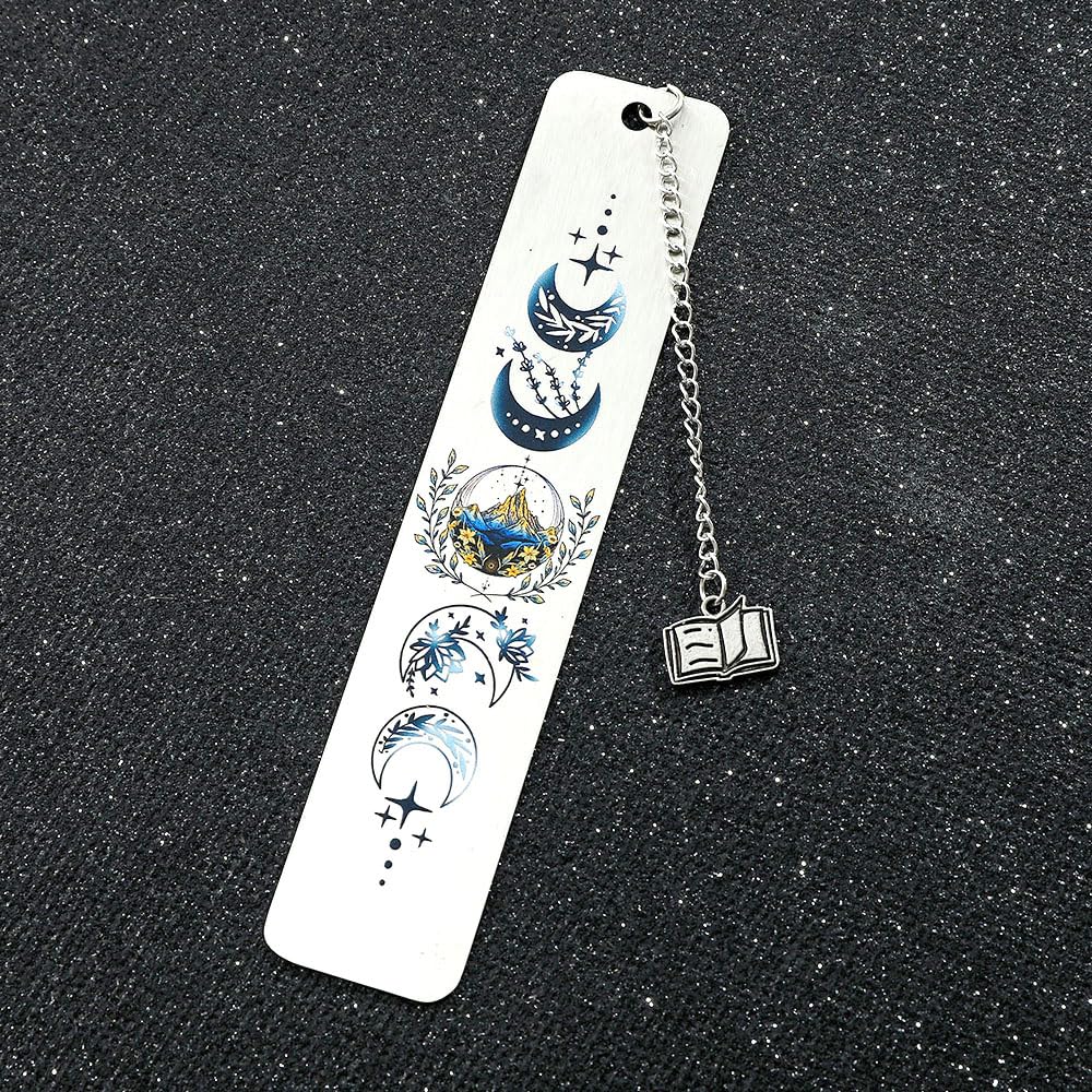 Stainless Steel Acotar Bookmark with Tassel, Acotar Inspirational Creative Moon Mountains Text Book Marks for Reading Women Men Collection, Books Accessories (Silver 1 Side Style 1)