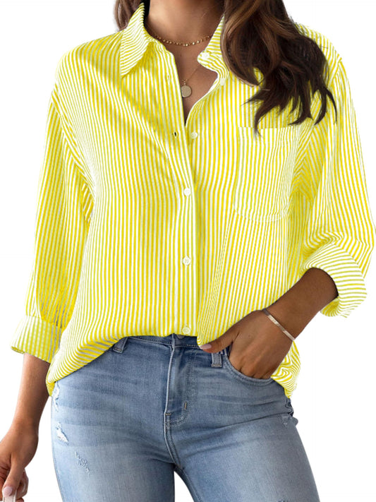 Wrinkle Resistant Button Down Shirts for Women Long Sleeve Striped Blouses Tops with Pocket