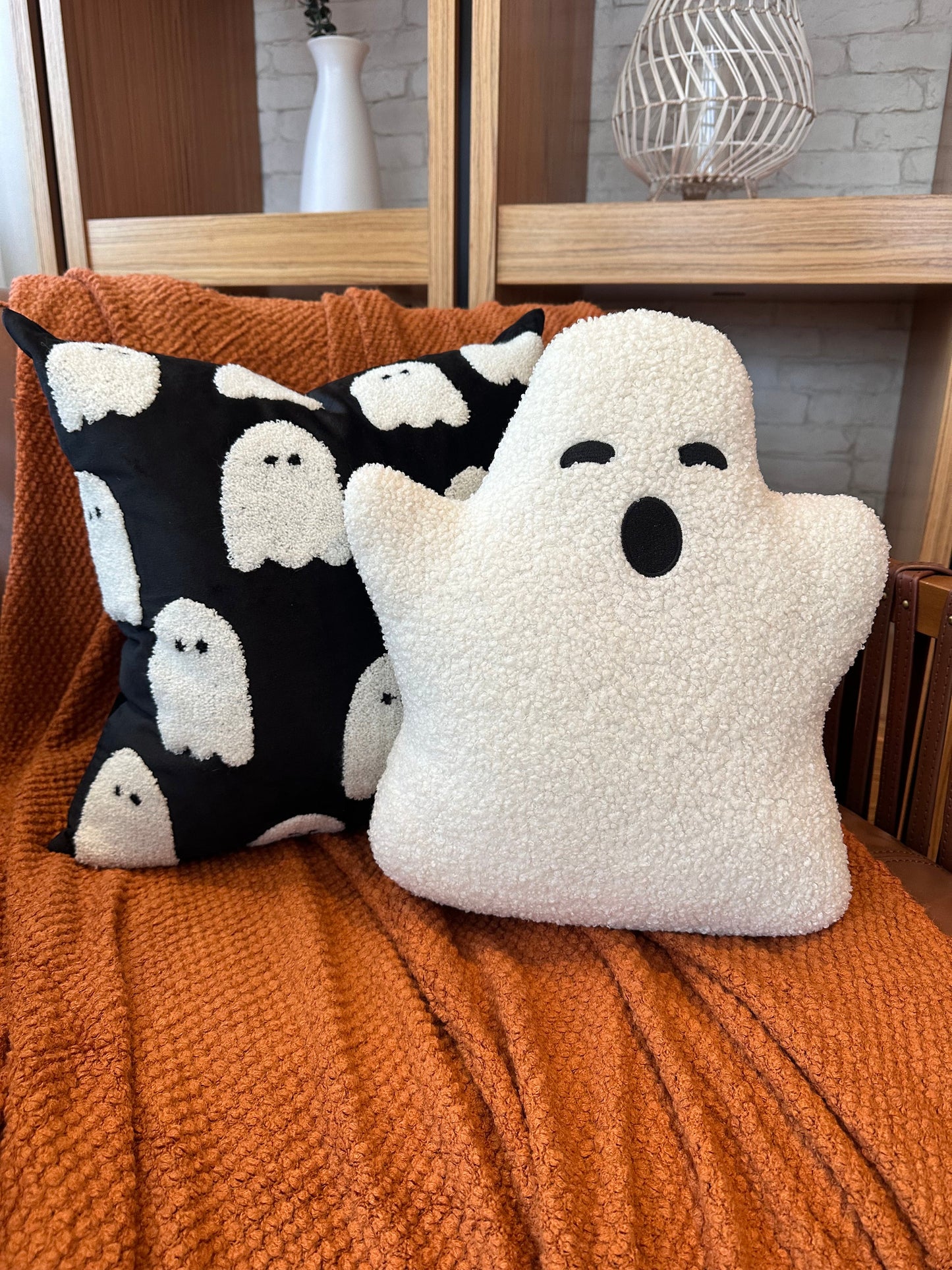 White Sherpa Ghost Pillow for Cozy Seasonal Halloween Decor