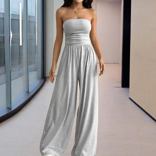 Women Solid Color Strapless Jumpsuit Wide-Leg Palazzo Pants With