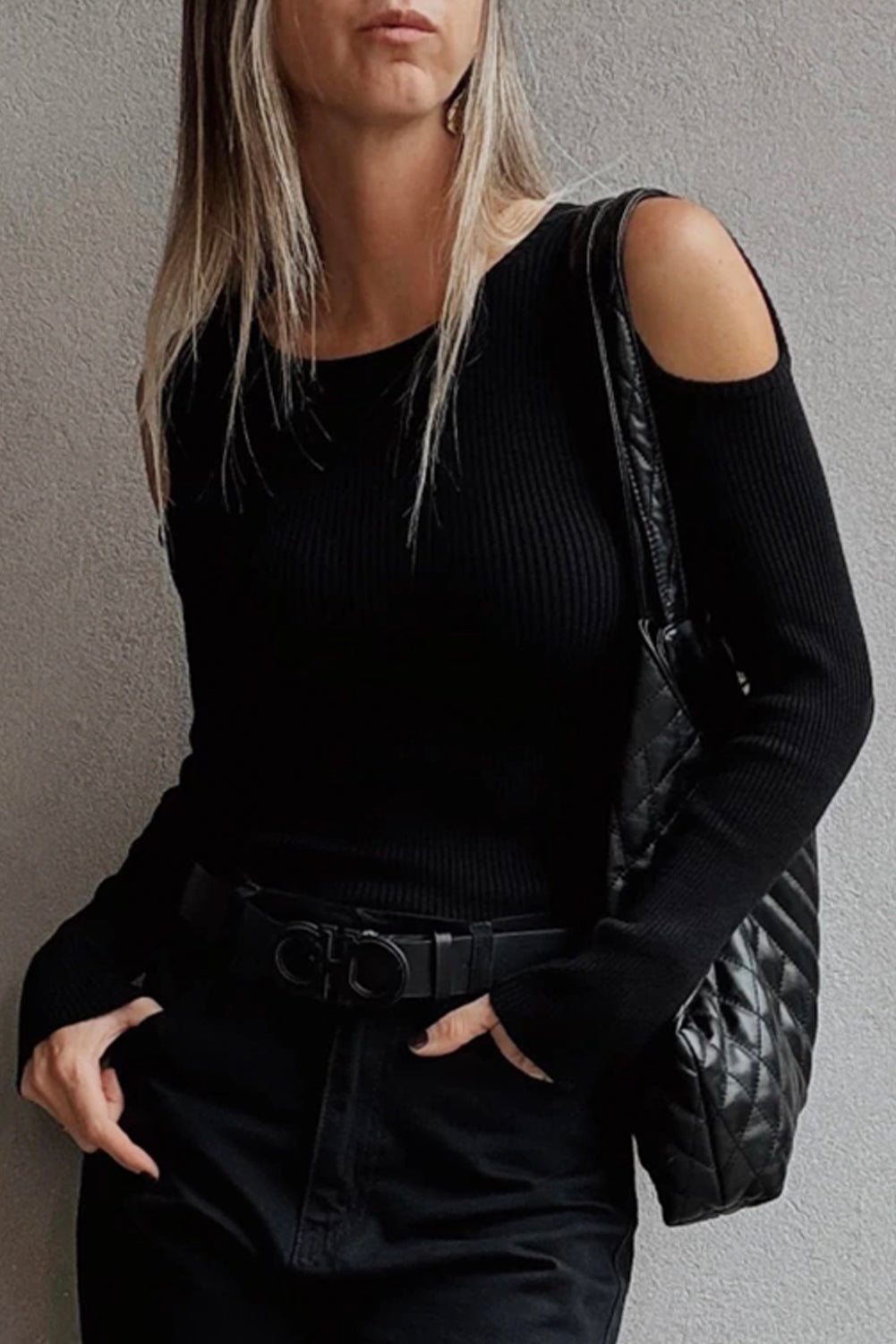 Black Ribbed Knit Cold Shoulder Sweater With Subtle Cutouts