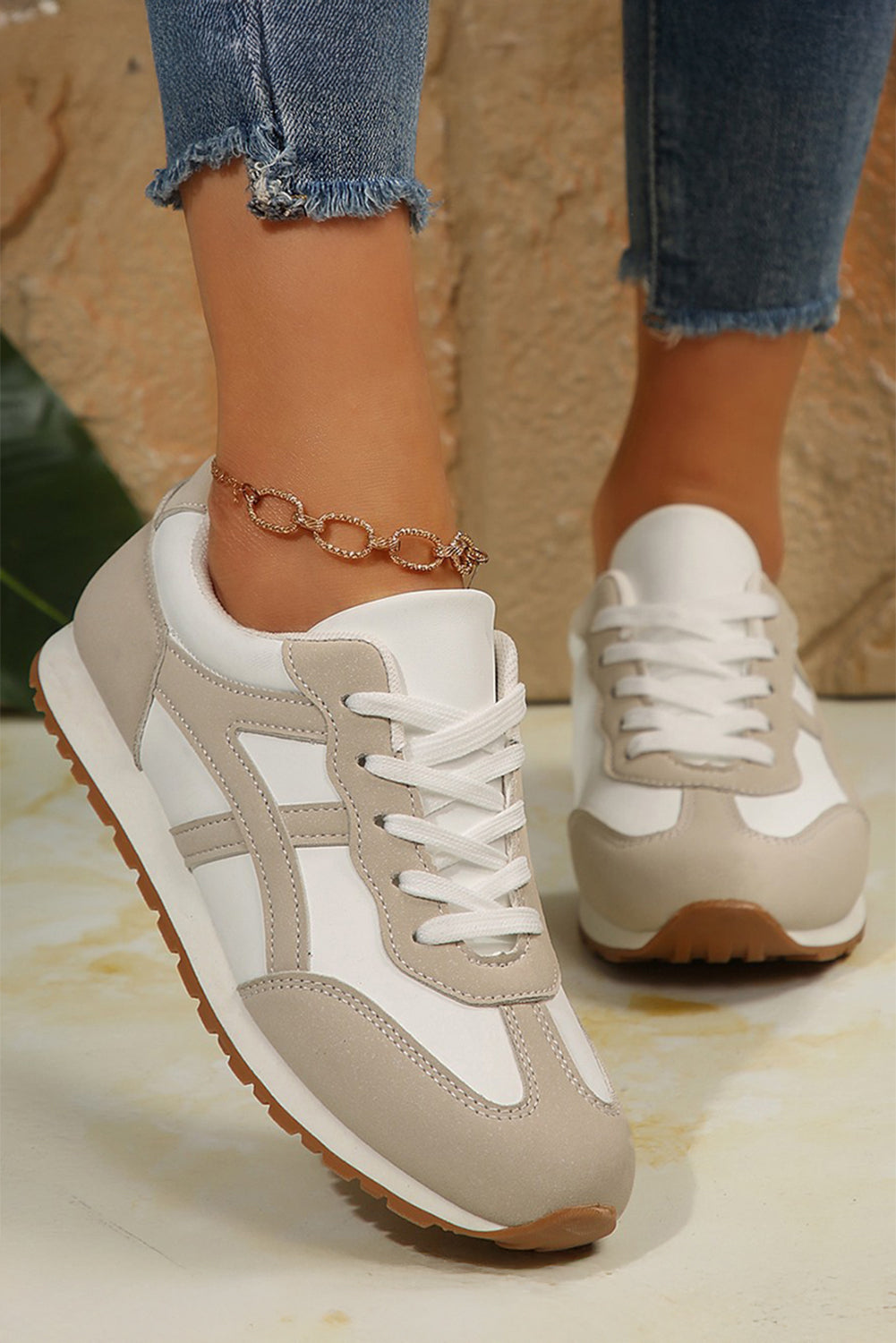 Oatmeal PU Leather Lace Up Round Toe Sneakers Comfort Fit- Preorder now. Ships 9/13