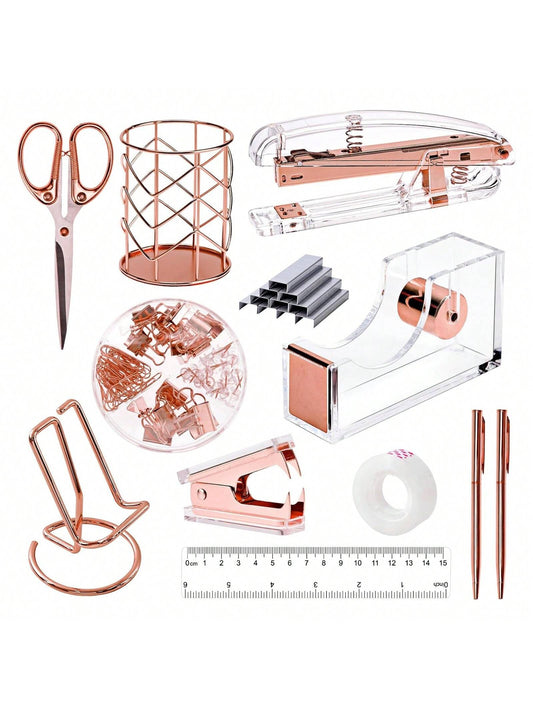1Set Gold/Rose Desk Accessories, Office Supplies Set Desk Accessories, School Supplies Set for Back to School Season, Acrylic Stapler Set Staple Remover, Phone Holder, Tape Holder, Pen Holder, 2 Ballpoint Pen, Scissor, Binder Clips, Ruler, Transparent Glue and Staples, Back to School Season