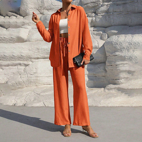 Women Solid Color Lapel Long Sleeve Pants Set - Button-Up Casual