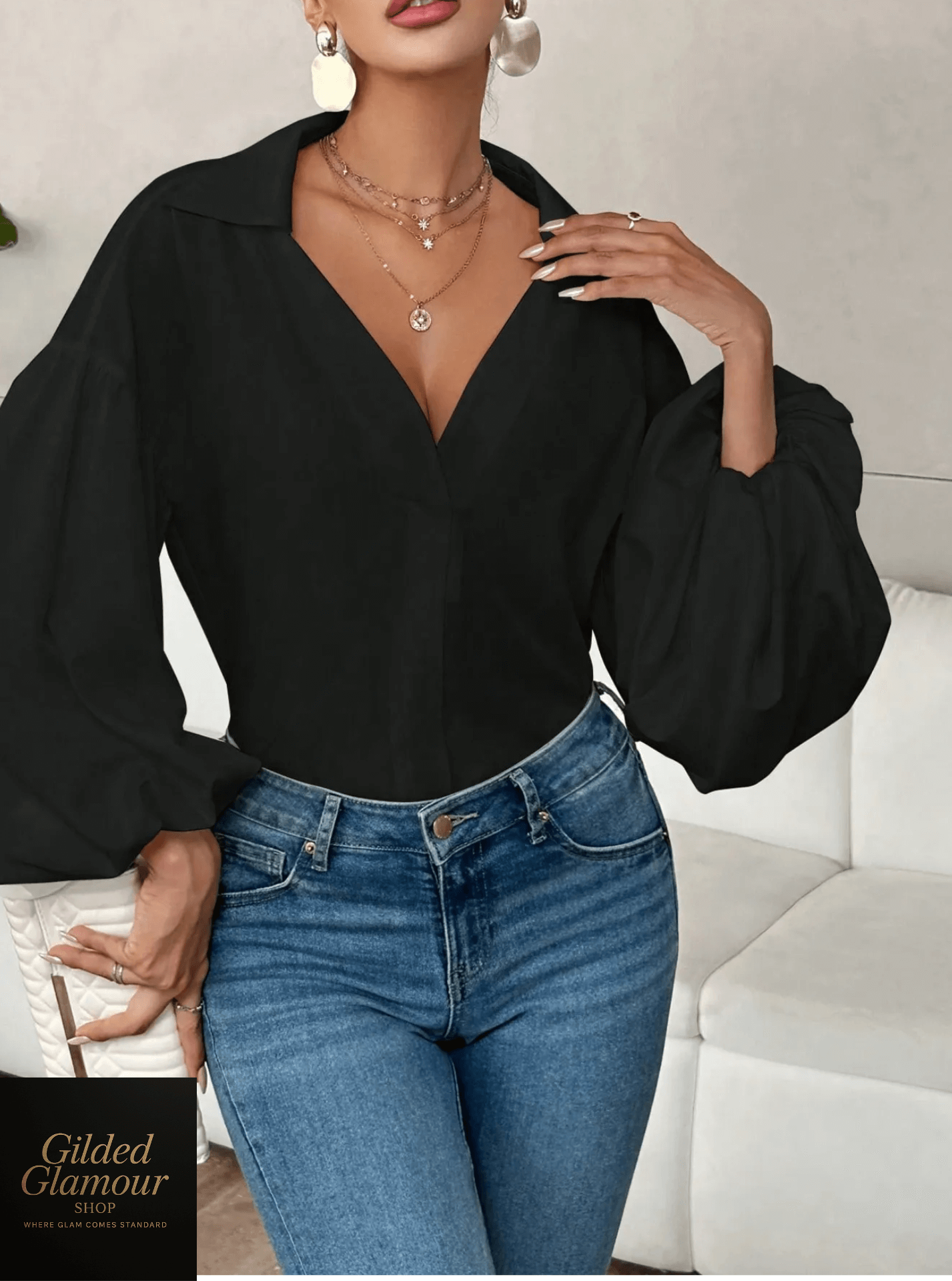 Polka Dot Balloon Sleeve Blouse