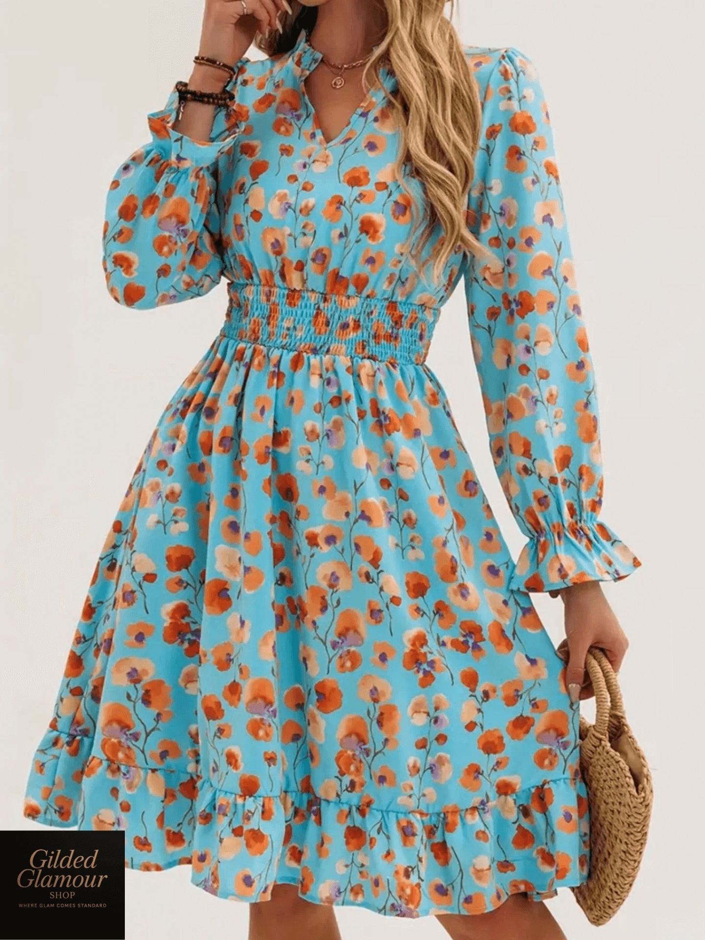 Vestido elegante con estampado floral, mangas con volantes y dobladillo con volantes