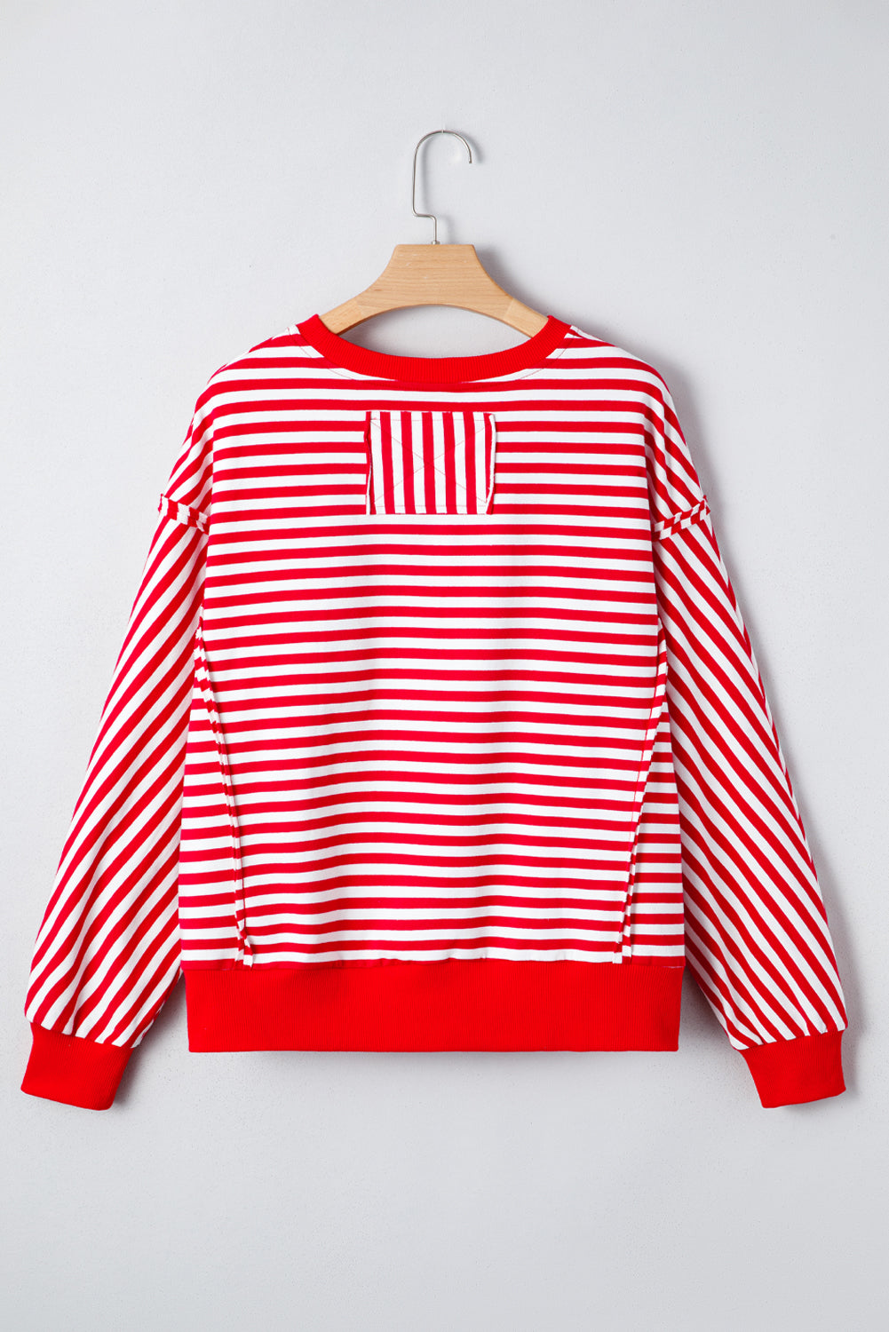 Red Striped Exposed Seam Drop Shoulder Long Sleeve Top