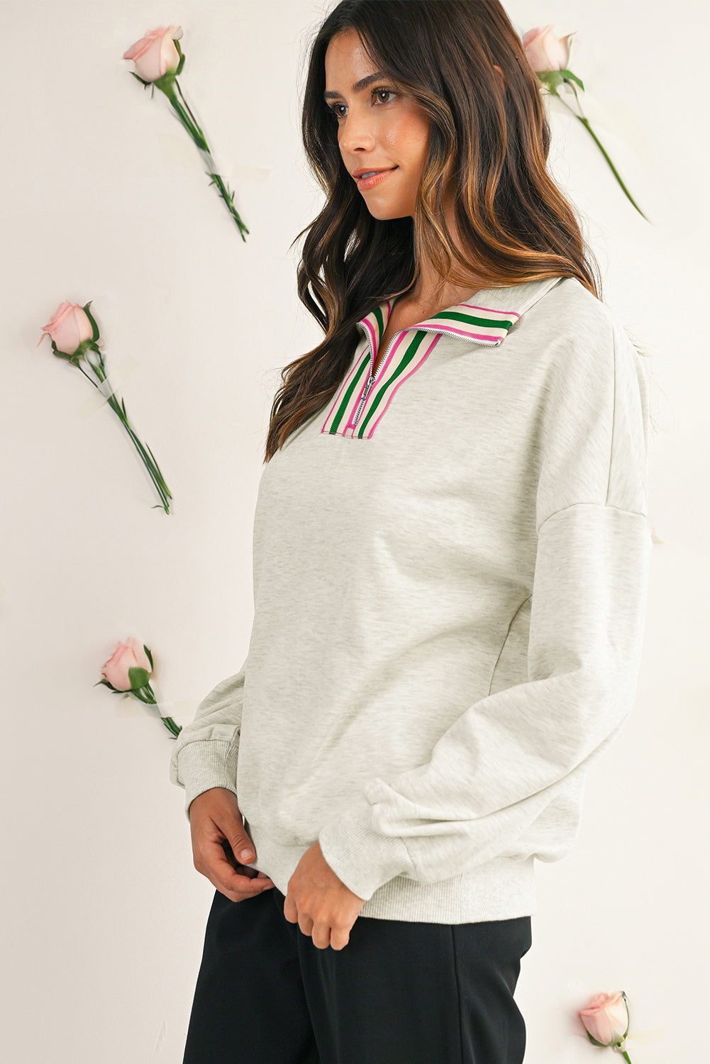 Light Grey Patchwork Collared Pullover Sweatshirt Pop Color