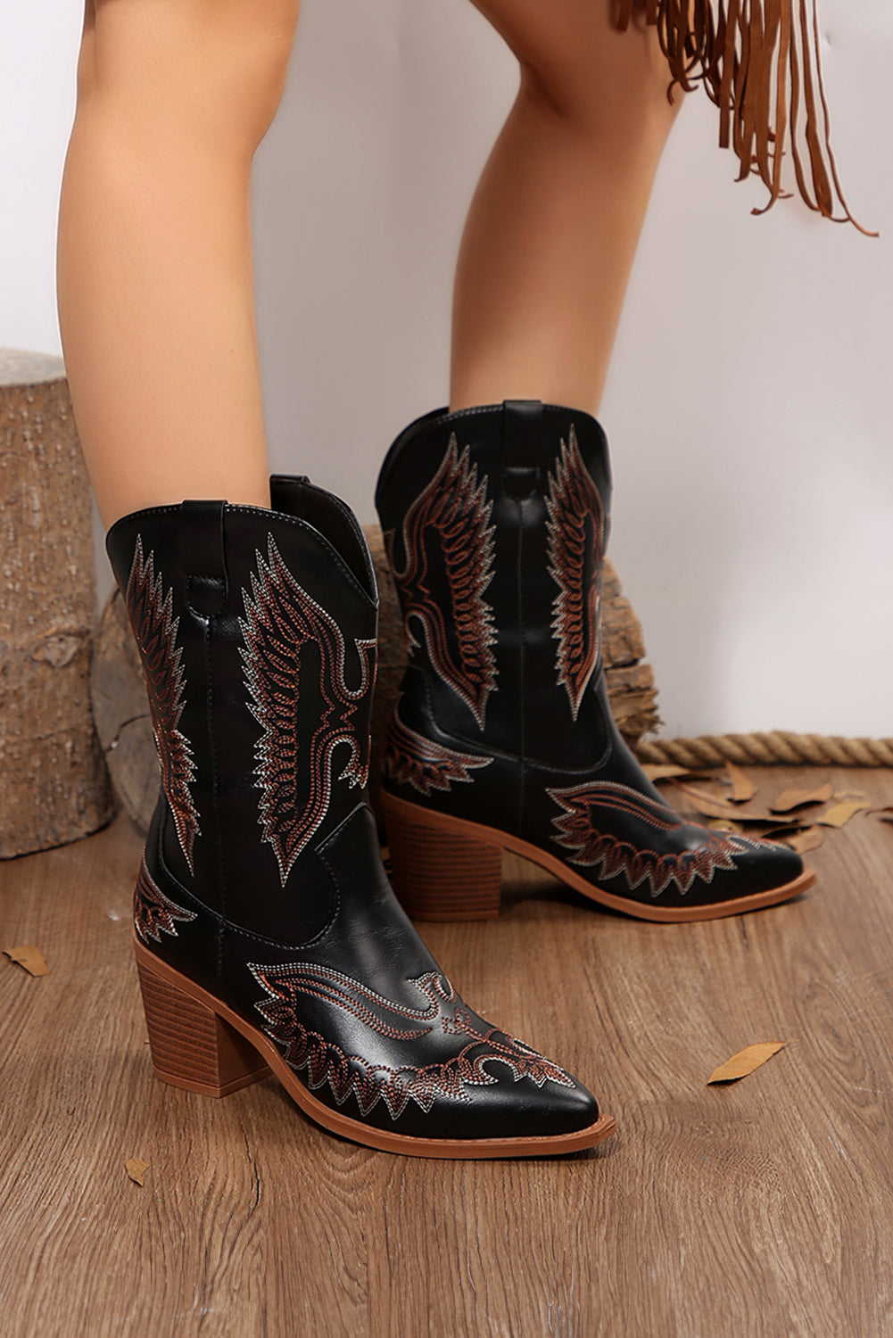 Black Embroidered Pattern Point Toe Mid Calf Boots