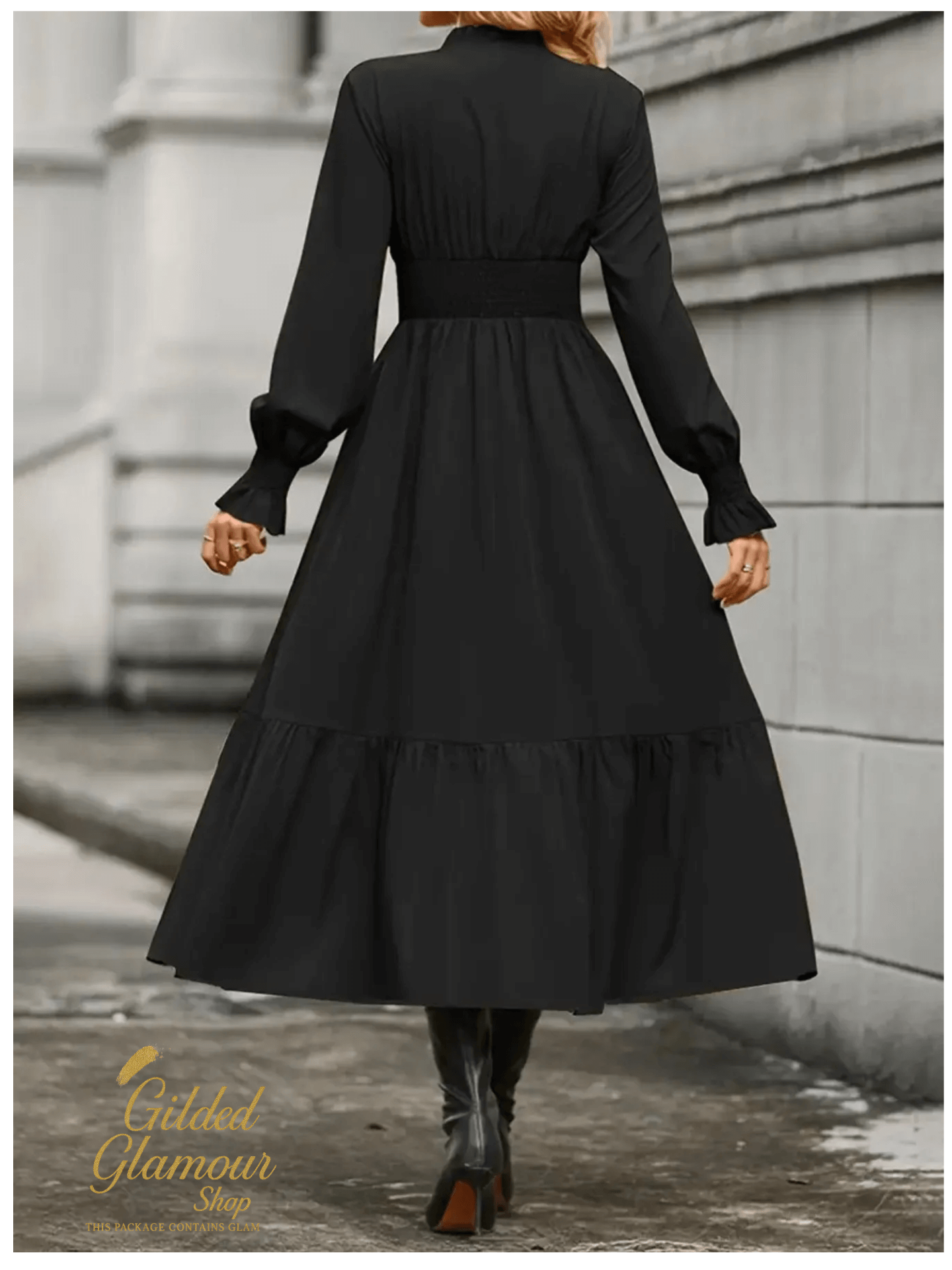 Notched Long Sleeve Tiered Dress