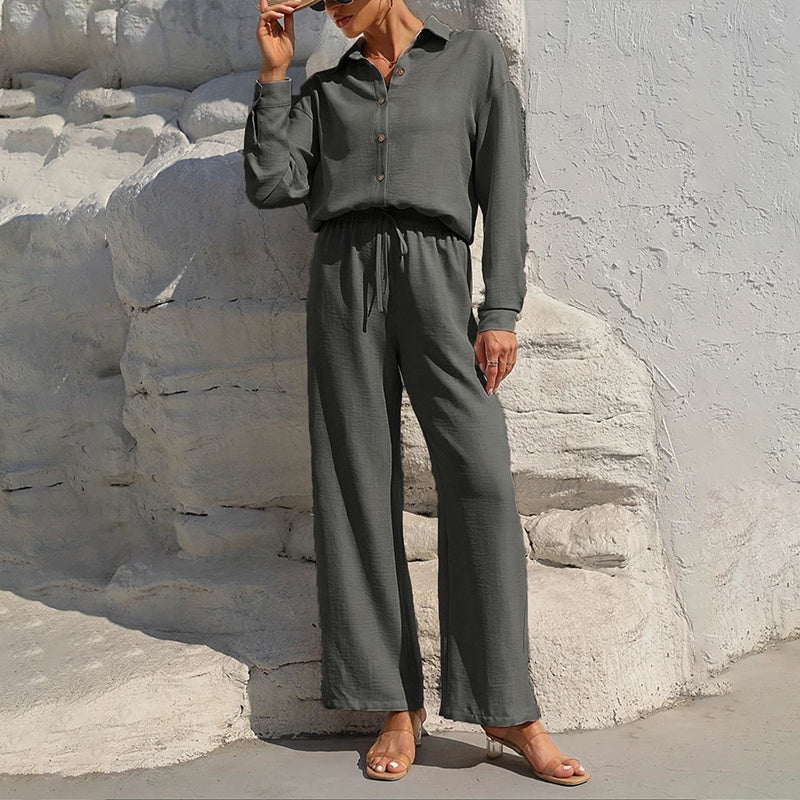 Women Solid Color Lapel Long Sleeve Pants Set - Button-Up Casual