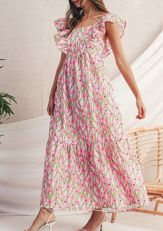 Get ready to bloom in our stunning Pink Floral Maxi Dress with Ruffled Straps! 🌸✨ Perfect for any occasion! #FashionGoals #MaxiDressMagic