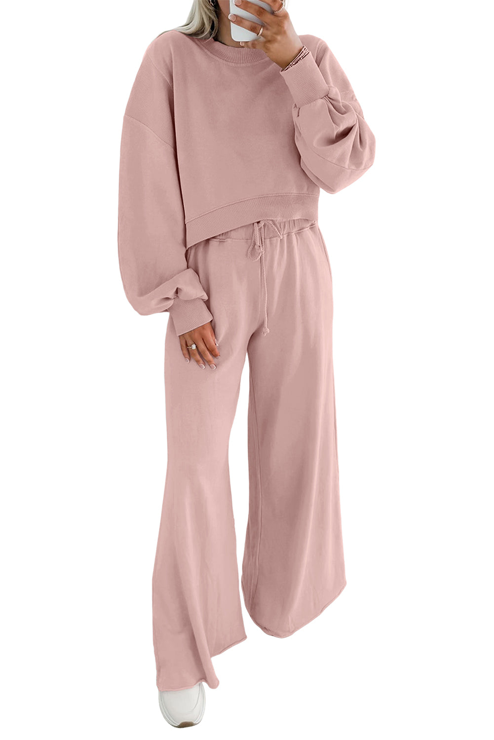 Light Pink Drop Shoulder Crop Top Set With Drawstring Pants