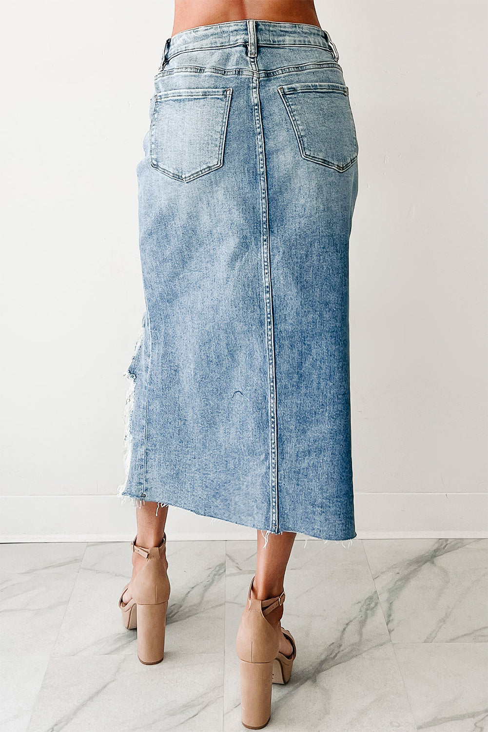 Myosotis Distressed Hem Denim Midi Skirt Irregular Look