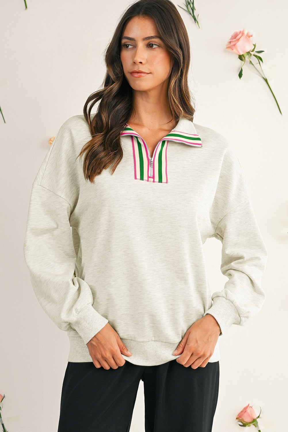 Light Grey Patchwork Collared Pullover Sweatshirt Pop Color