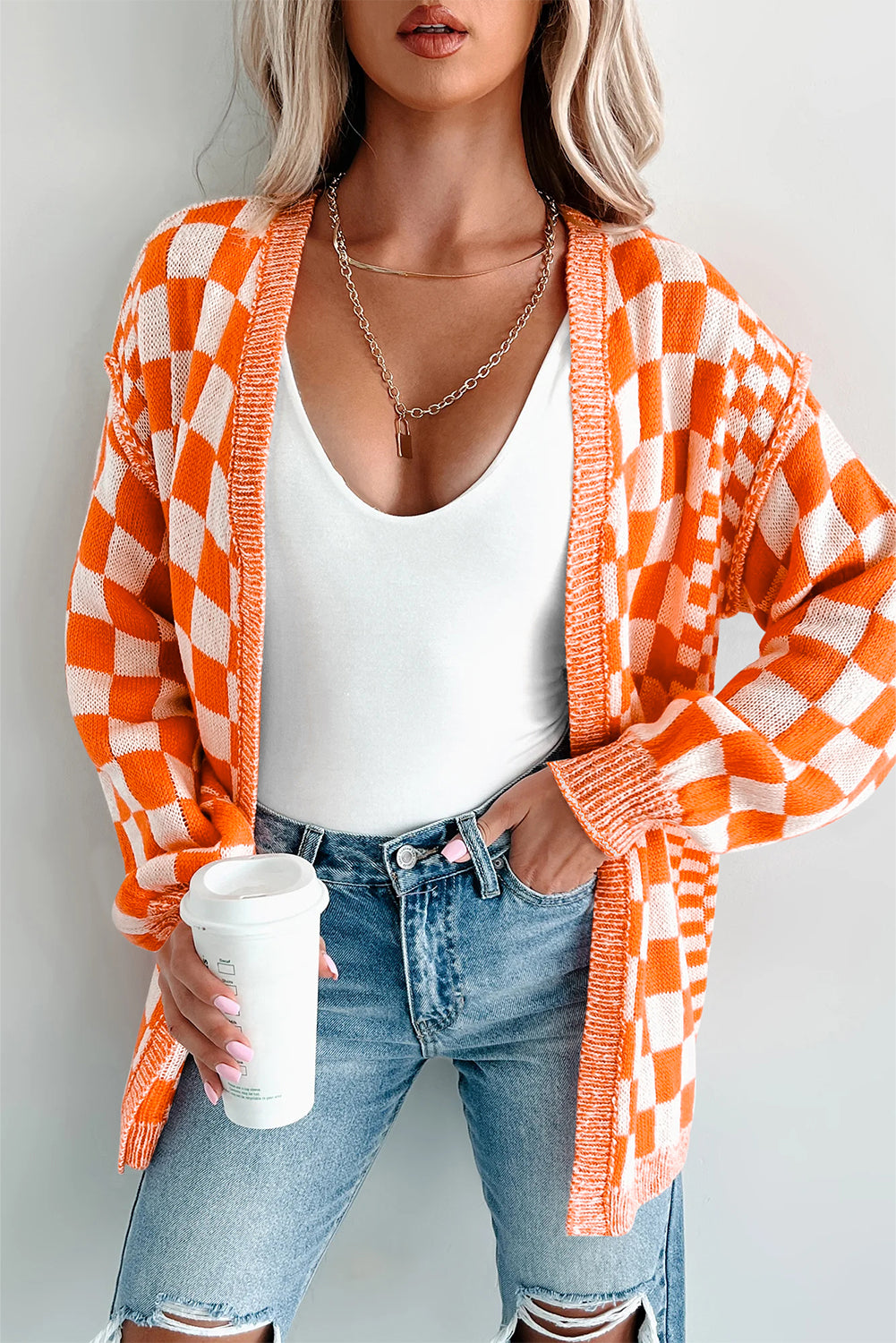 Checkered Open Front Drop Shoulder Cardigan Casual