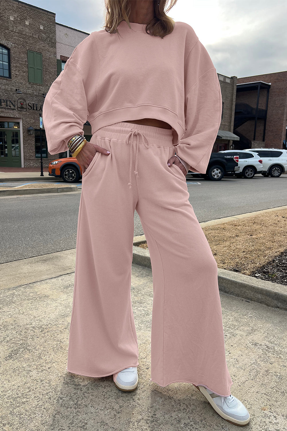 Light Pink Drop Shoulder Crop Top Set With Drawstring Pants