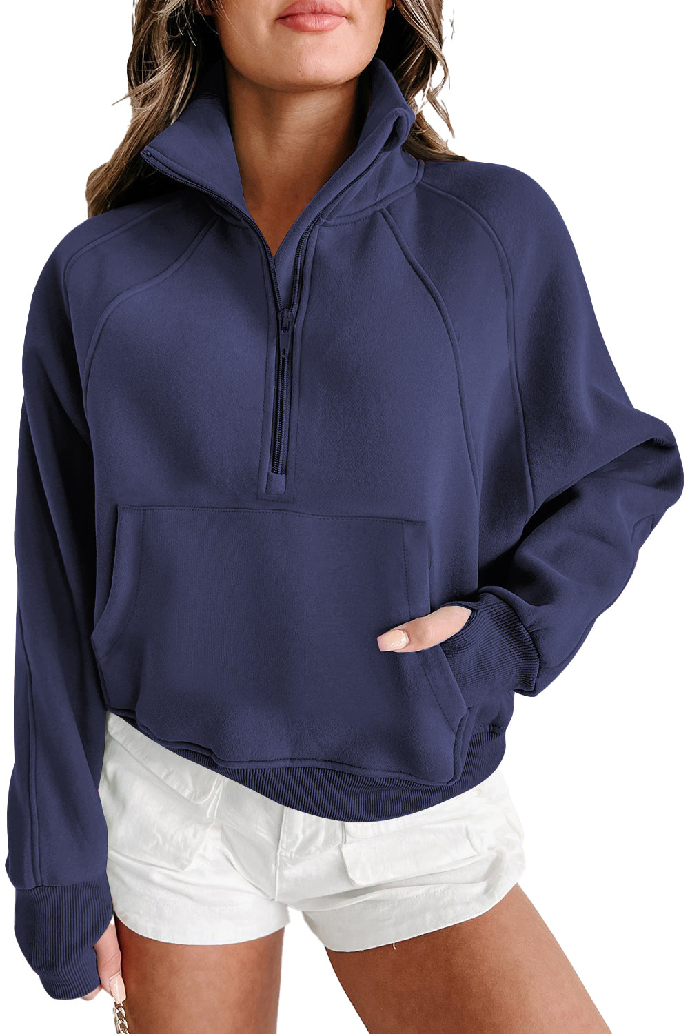 Green Zip Stand Collar Ribbed Thumbhole Sleeve Sweatshirt