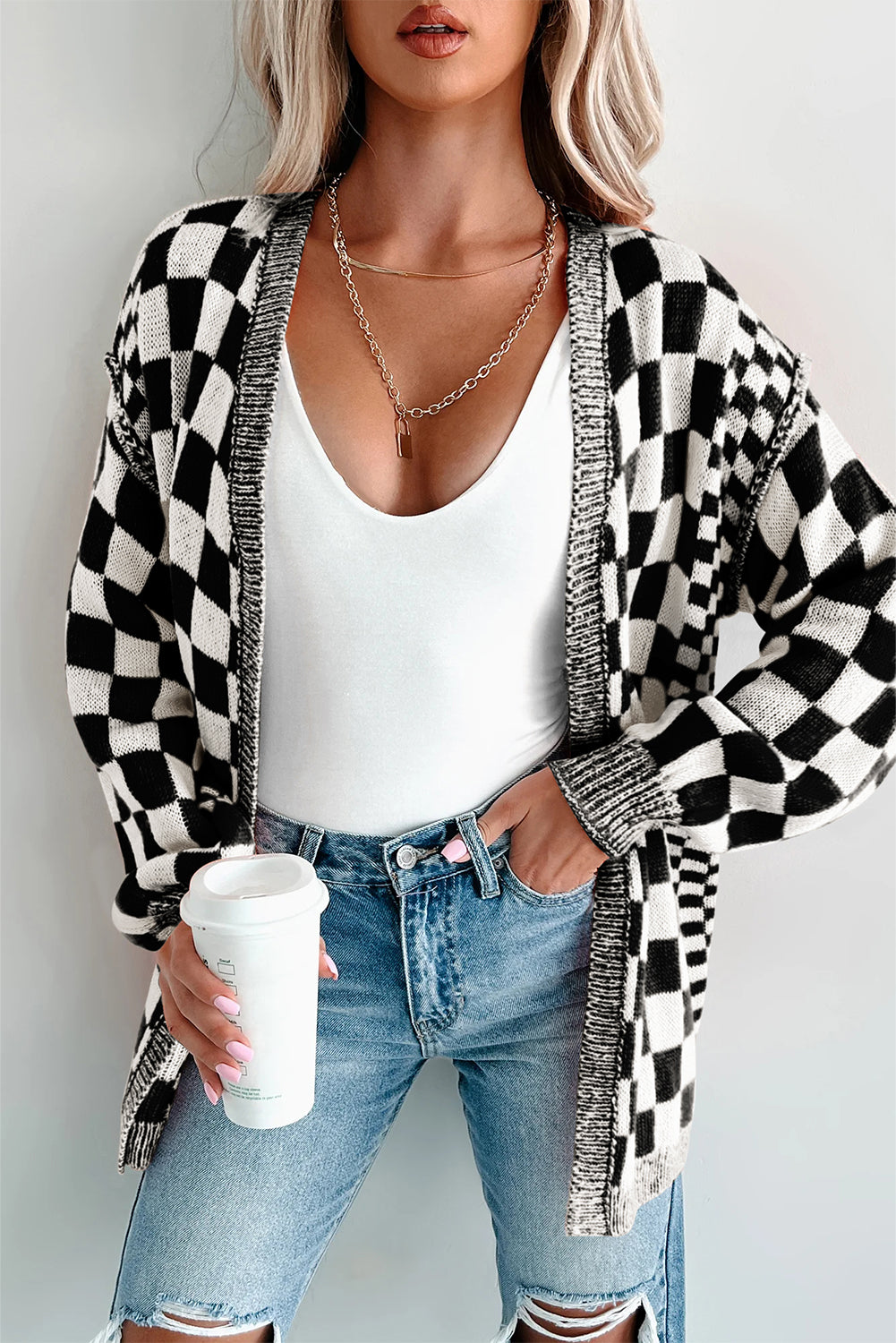 Checkered Open Front Drop Shoulder Cardigan Casual