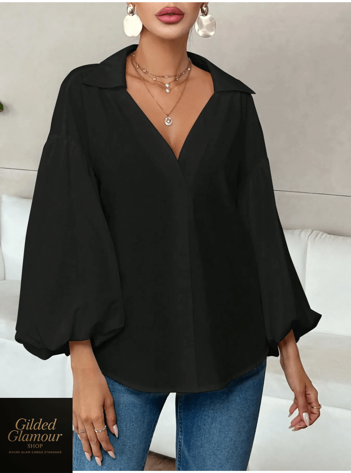 Polka Dot Balloon Sleeve Blouse