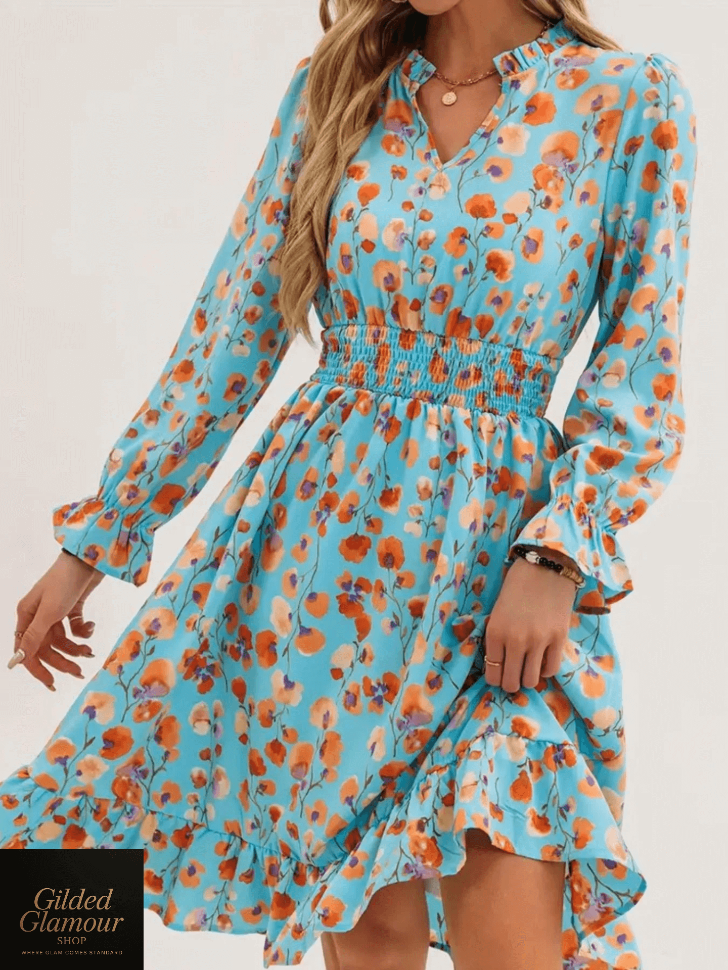 Vestido elegante con estampado floral, mangas con volantes y dobladillo con volantes