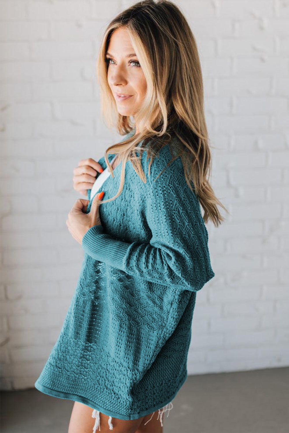 Jet Stream Mix Pattern Hollow Knit Open Front Cardigan