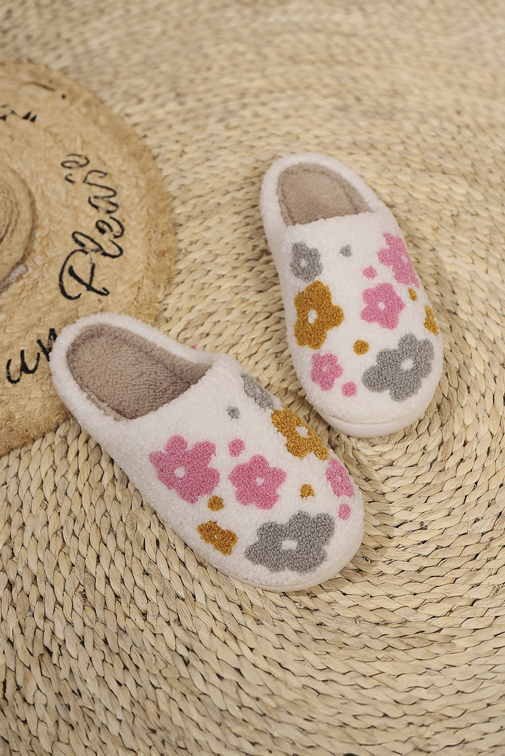 White Floral Fuzzy Winter Slippers With Cloudlike Comfort