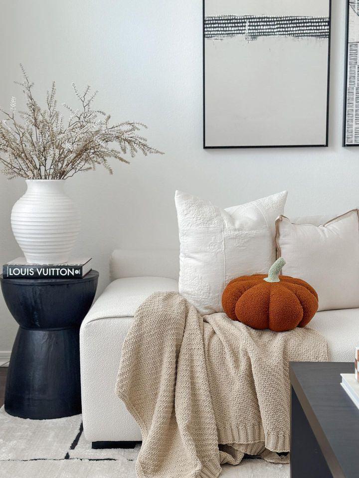Jumbo Sherpa Pumpkin Pillow Burnt Orange Sage Green Stem