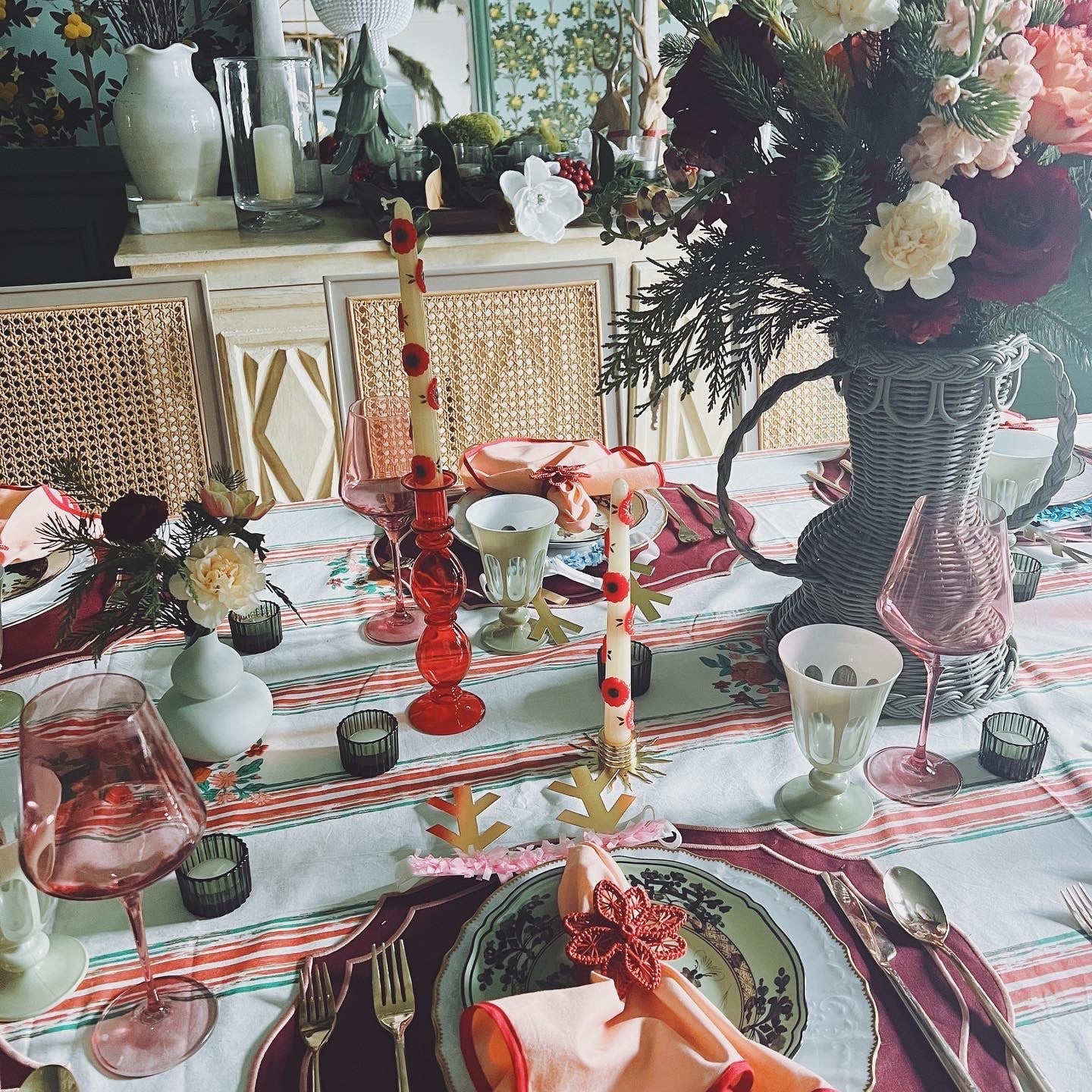 Mantel navideño de algodón serigrafiado con estampado floral a rayas