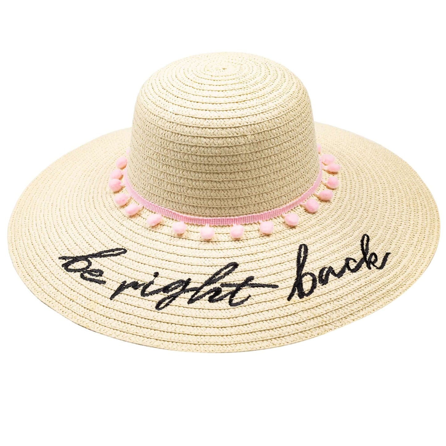 Sombrero de playa "Be Right Back" con letras bordadas de paja