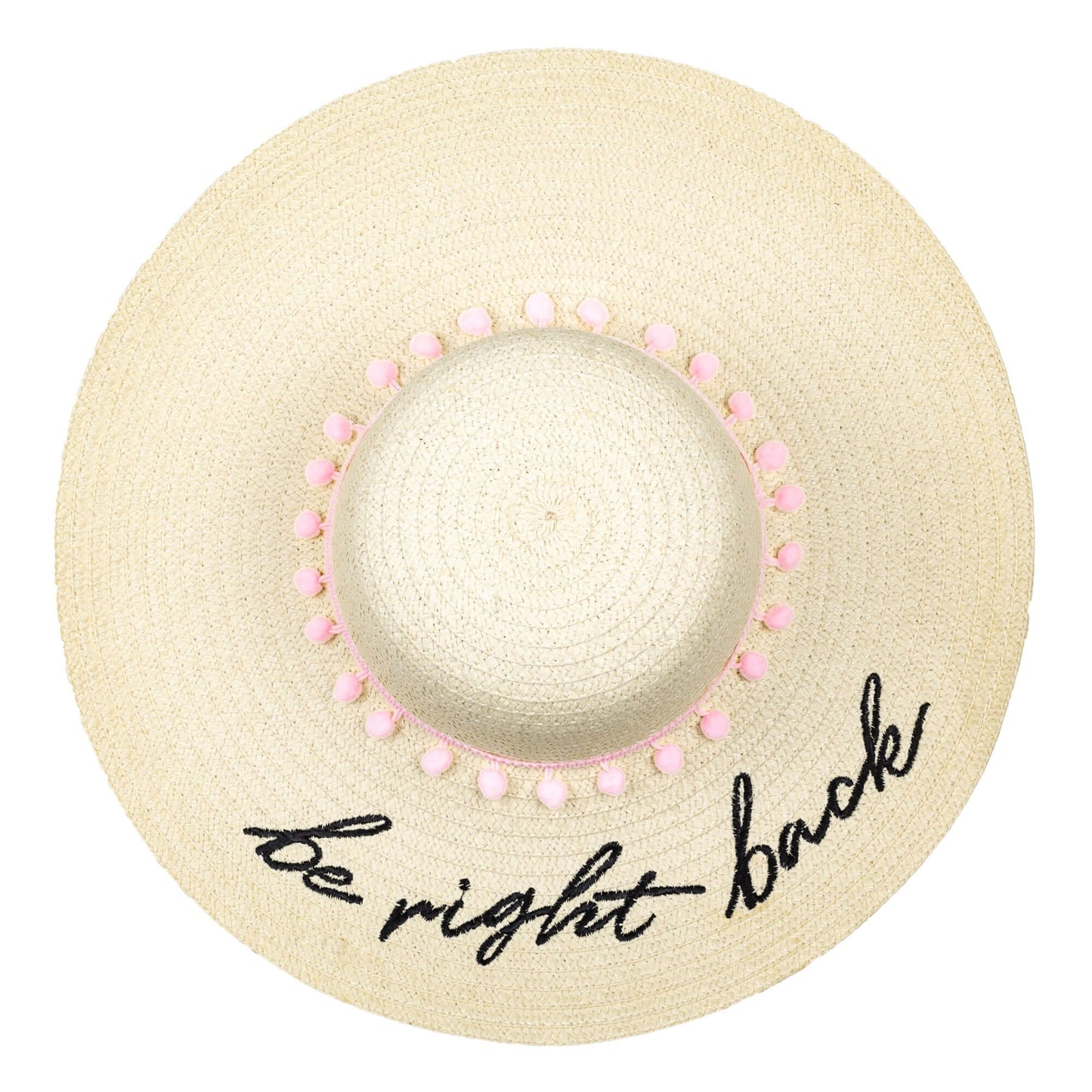 Sombrero de playa "Be Right Back" con letras bordadas de paja