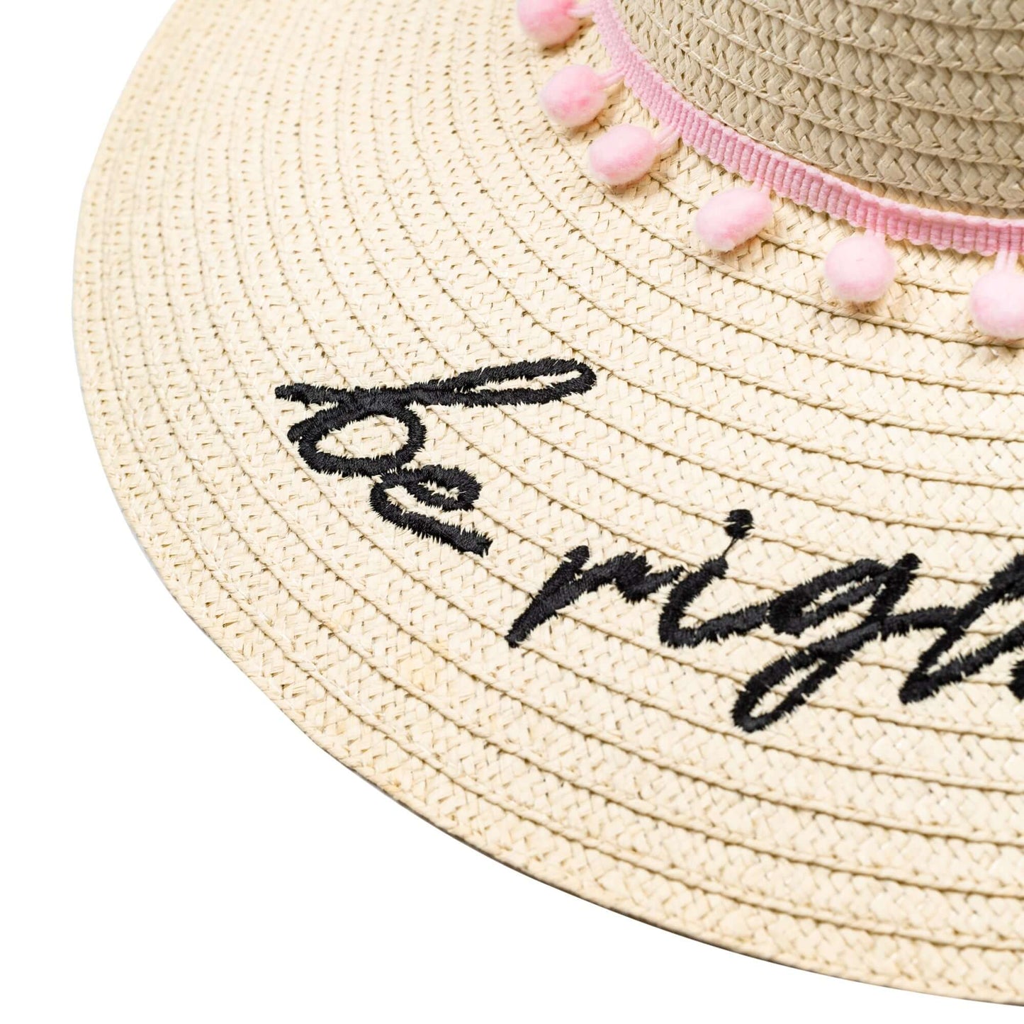 Sombrero de playa "Be Right Back" con letras bordadas de paja