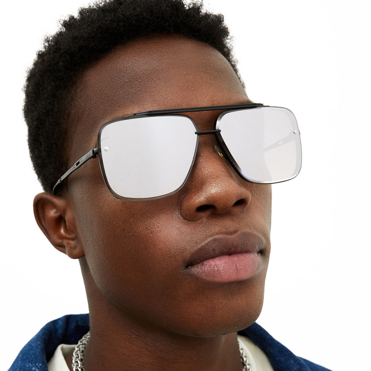 Bella Chrome Black Oversized Squared Aviators Sunglasses
