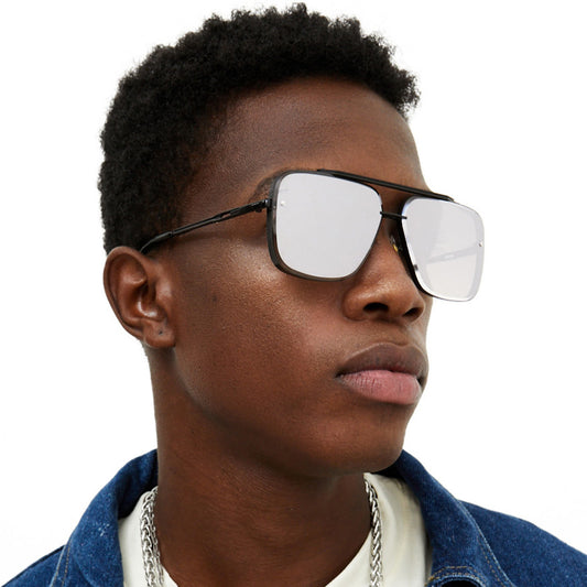Bella Chrome Black Oversized Squared Aviators Sunglasses