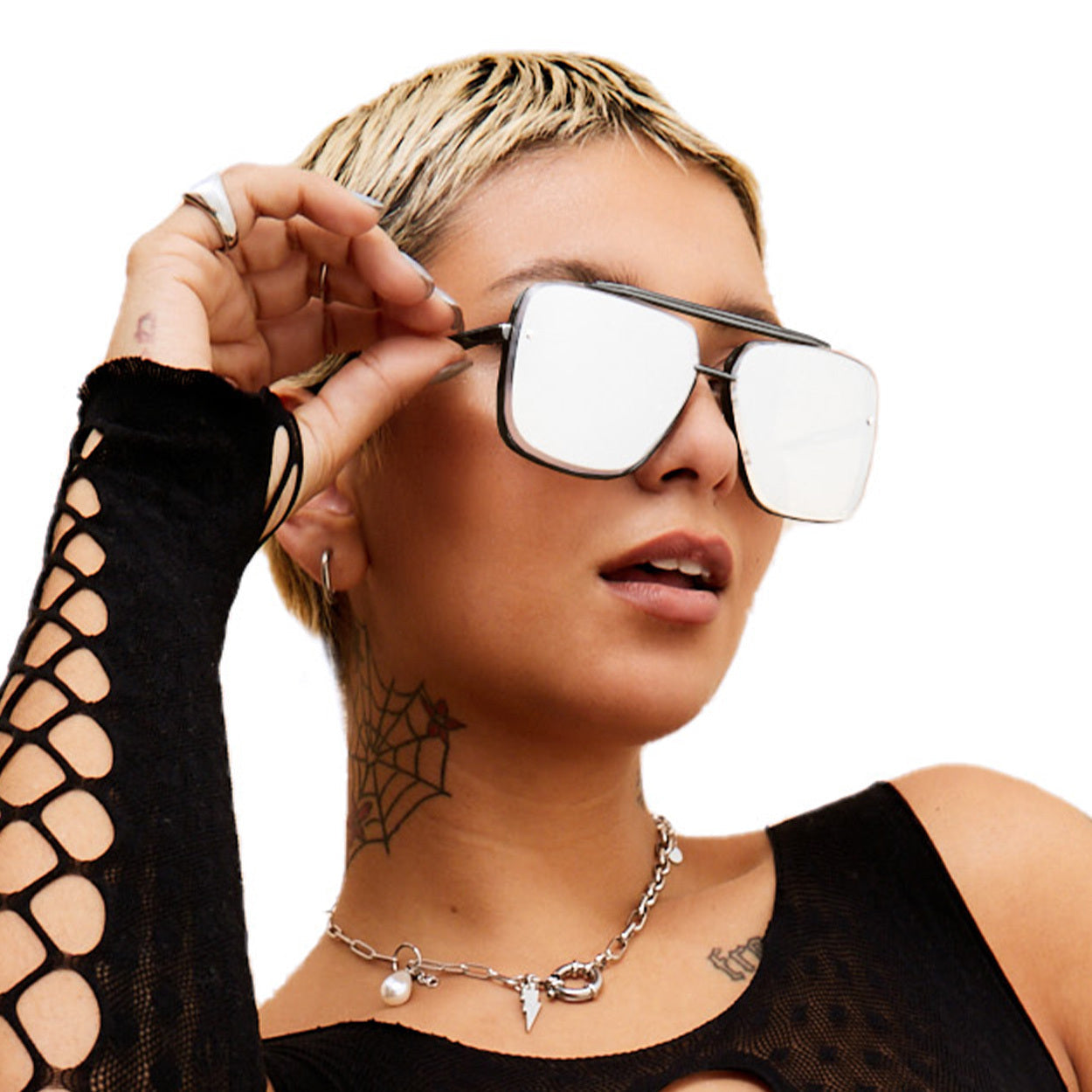 Bella Chrome Black Oversized Squared Aviators Sunglasses