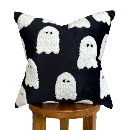Black Velvet Ghost Pillow Cover 18 Inch Square Embroidered