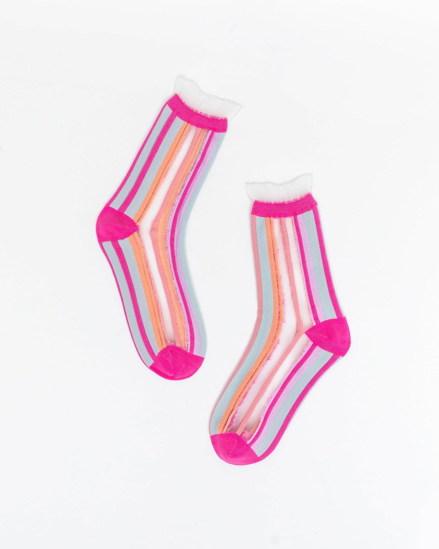Candy Stripe Ruffle Crew Socks With Peekaboo Sheer Cuff