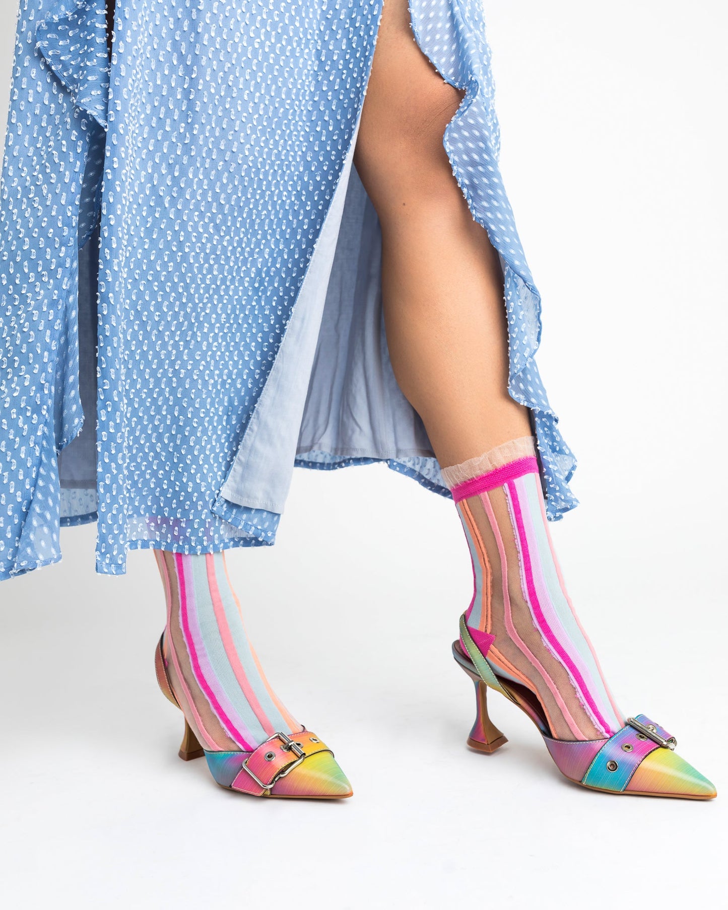 Candy Stripe Ruffle Crew Socks With Peekaboo Sheer Cuff