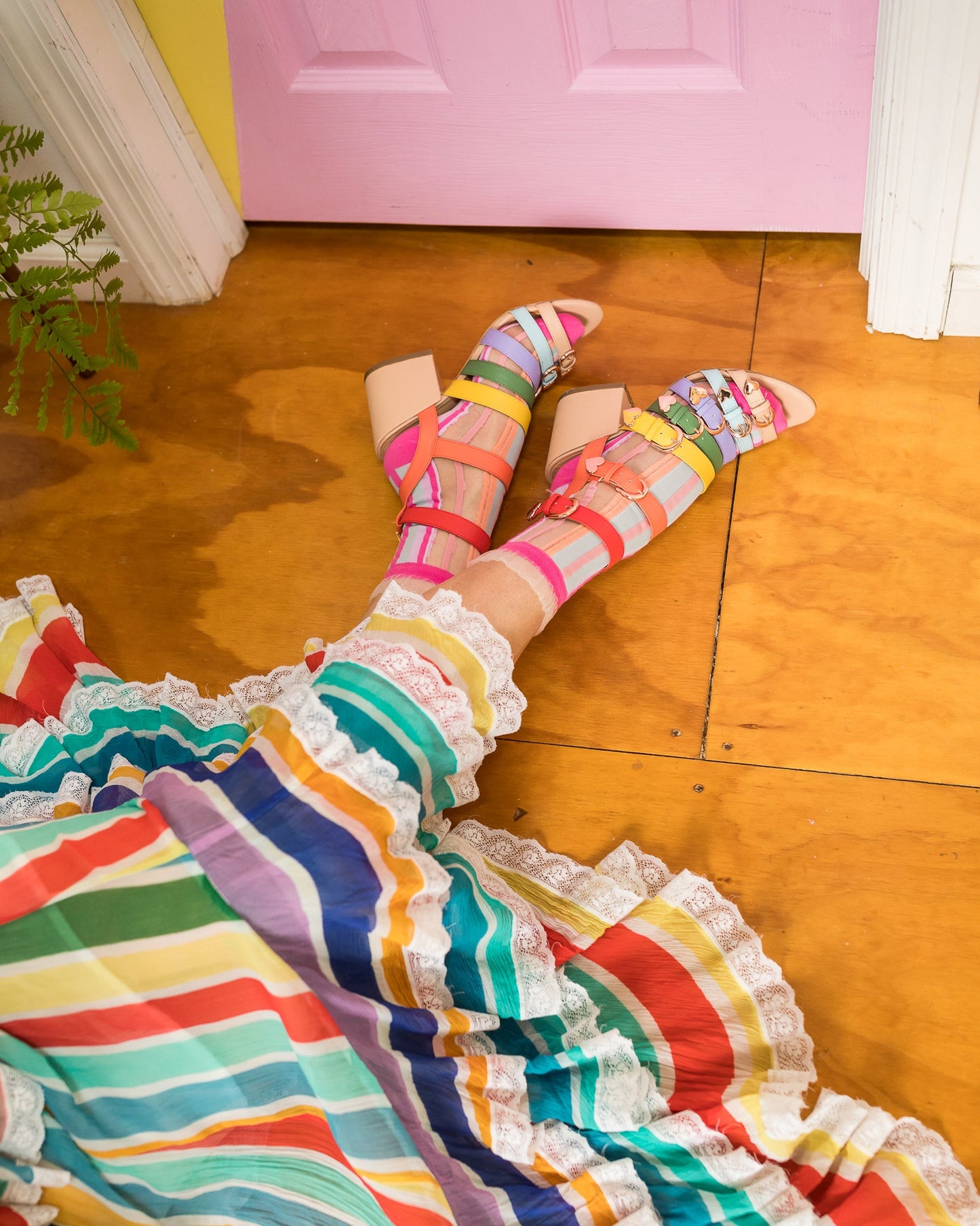 Candy Stripe Ruffle Crew Socks With Peekaboo Sheer Cuff