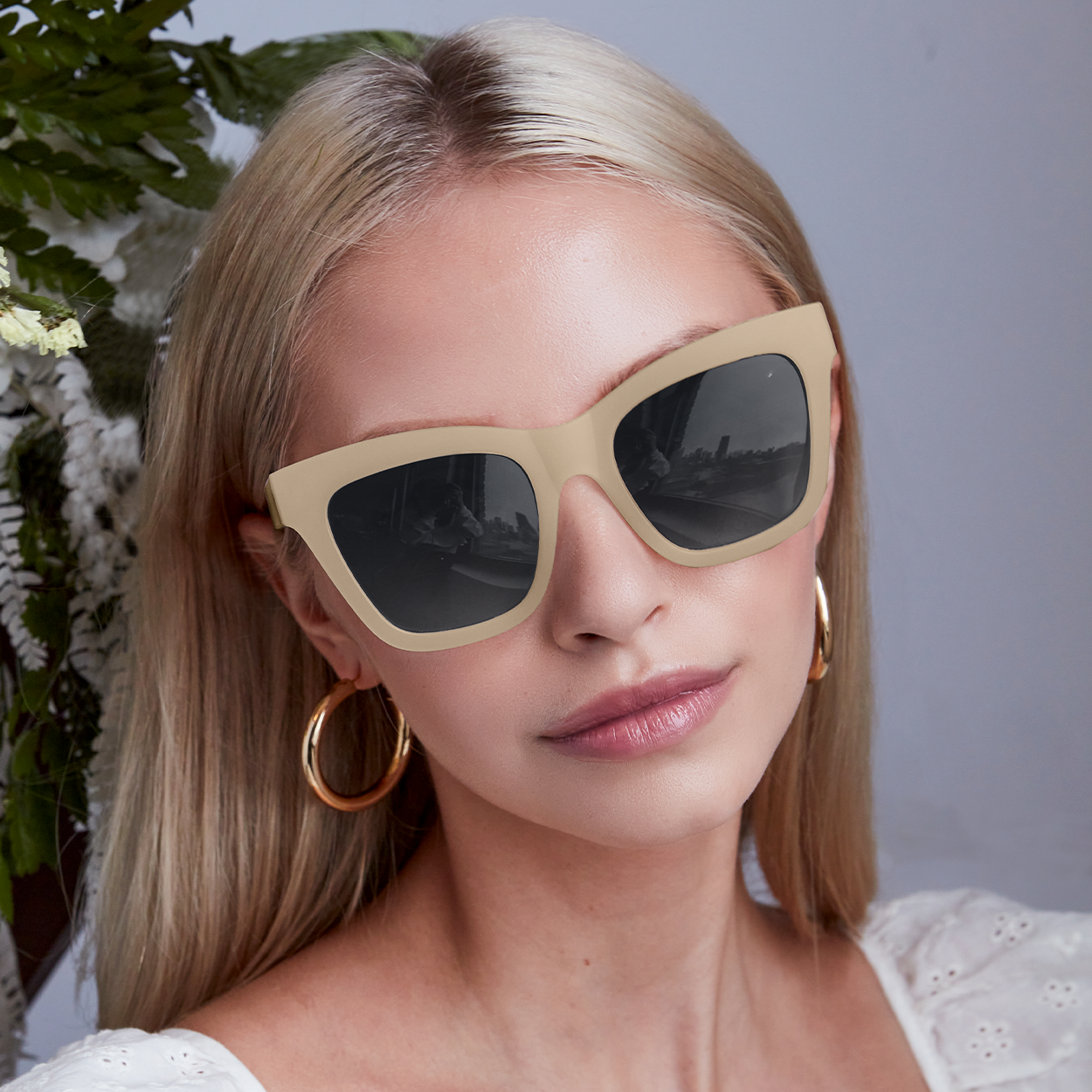 Cosmo Nude Square Cat Eye Sunglasses Matte Rubber Frames