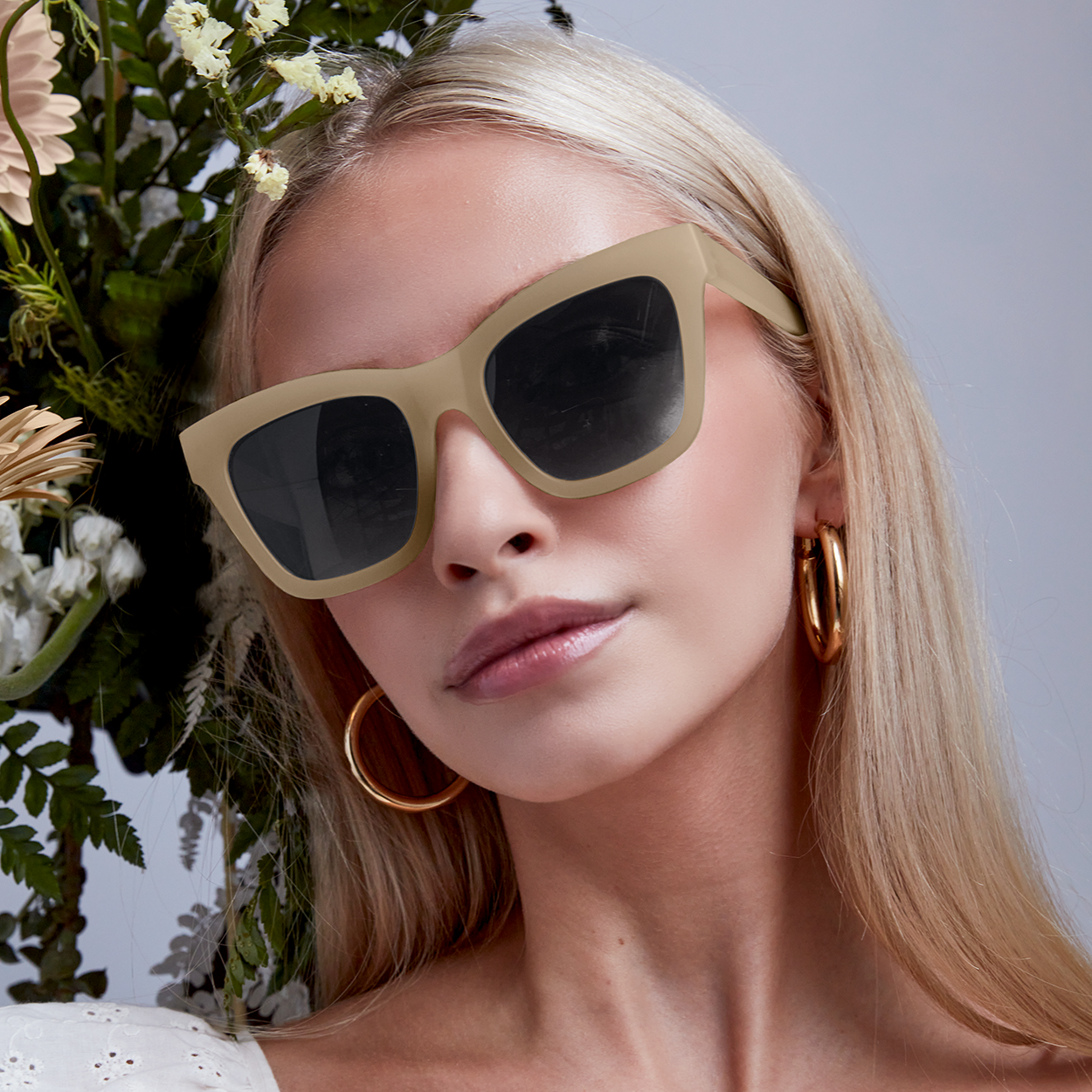 Cosmo Nude Square Cat Eye Sunglasses Matte Rubber Frames